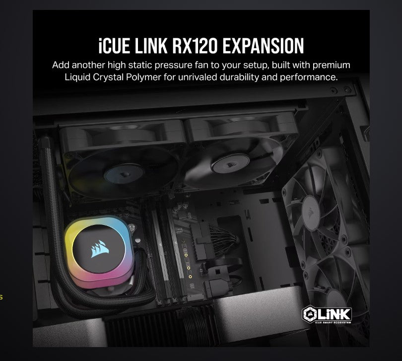 Corsair RX120 iCUE LINK PWM Single Fan Expansion. Black Fan - Glass fiber-reinforced LCP fan blades