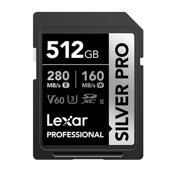 Lexar Professional SILVER PRO 512GB SDXC™ UHS-II Card 512GB—C10, UHS-II(U3), V60, Silver Pro, up to 280MB/s read, 160MB/s write