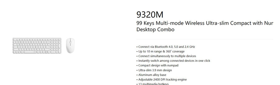 RAPOO 9320M Bluetooth 4.0, 5.0 + 2.4G Wireless Multi-mode Keyboard Mouse Combo, Aluminum Base, 2400 DPI, 10M Range, Compact White Retail Pack