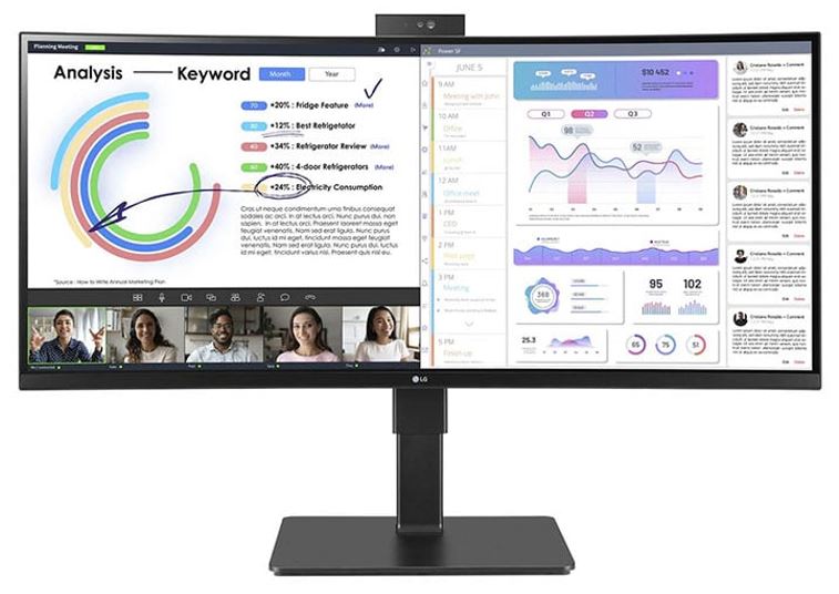 LG 34' 34BQ77QC-B Webcam IPS WQHD UltraWide , 3440x1440 21:9 5ms, HDR10 Height Adjust Tilt Swivel Pivot, SPK HDMI DP USB-C 90w, RJ45 Monitor