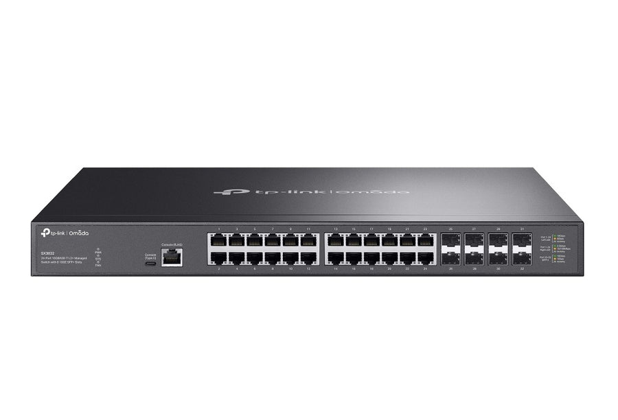 TP-Link SX3832 Omada 24-Port 10GBASE-T L2+ Managed Switch with 8 10GE SFP+ Slots (SX3832);24× 1/2.5/5/10 Gbps RJ45 ports;8× 1/10 Gbps SFP+ slots; 640