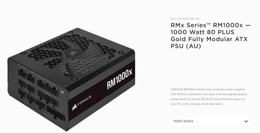 Corsair RM1000 1000W RMX 80+ Gold Fully Modular, 90% Efficiency, ML 135mm FAN, Cybernetics certification, ATX Power Supply, PSU, 10 Years Warranty