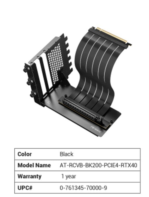 Antec Adjustable Vertical Bracket with 200mm High Performance PCI-E Riser Cable. New 2024. Black Universal Case support