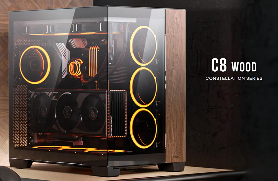 Antec C8 Wood ATX, E-ATX, Seamless Edge View Front and Side, USB-C, 4mm Tempered Glass, 360mm liquid cooler top, bottom, side. 2x USB 3.0 Black Case.