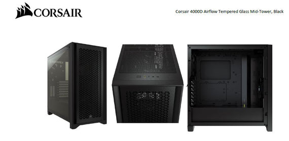 Corsair Carbide Series 4000D Airflow ATX Tempered Glass Black, 2x 120mm Fans pre-installed. USB 3.0 and Type-C x 1, Audio I/O. Case