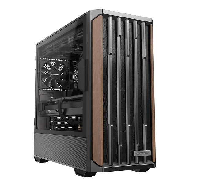 OKINOS Cypress P7 Genuine Walnut Wood Trim ATX, Type-C, Support 360mm Radiator on Top, 4 x 120mm PWM Fans, Black Stylish Premium Case