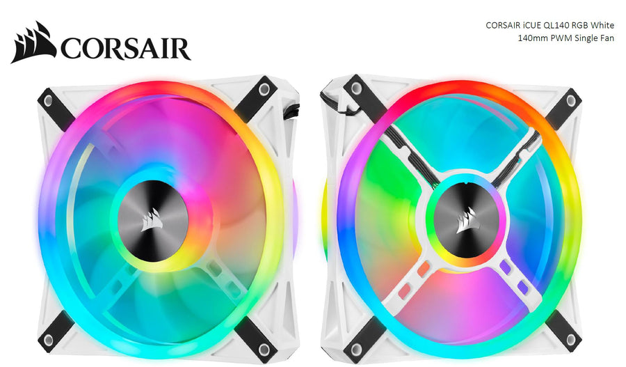 Corsair QL140 RGB White, ICUE, 140mm RGB LED PWM Fan 26dBA, 50.2 CFM, Single Pack