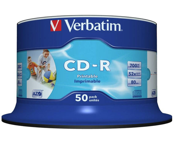 Verbatim CD-R 700MB 50Pk White InkJet 52x Superior ink absorption on high-resolution 5,760 DPI printers