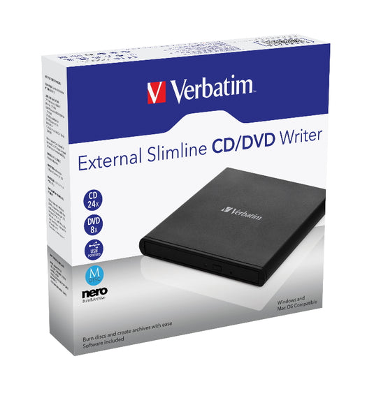 Verbatim External Slimline CD/DVD Reader, Writer, Burner, Player, Ultra Portable on the Go, Notebooks, USB Powered Black Mobile, Retail Pack