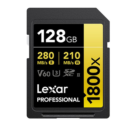 Lexar Professional 1800x 128G SDXC™ UHS-II Card GOLD Series 128GB—C10,  UHS-II(U3), V60, 1800x, up to 280MB/s read, 210MB/s write