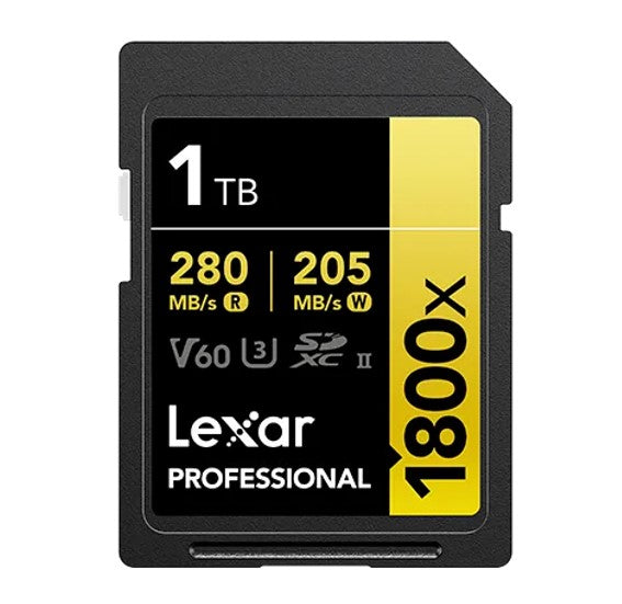 Lexar Professional 1800x 1TB SDXC™ UHS-II Card GOLD Series 1TB—C10,  UHS-II(U3), V60, 1800x, up to 280MB/s read, 205MB/s write