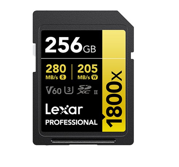 Lexar Professional 1800x 256G SDXC™ UHS-II Card GOLD Series 256GB—C10, UHS-II(U3), V60, 1800x, up to 280MB/s read, 205MB/s write