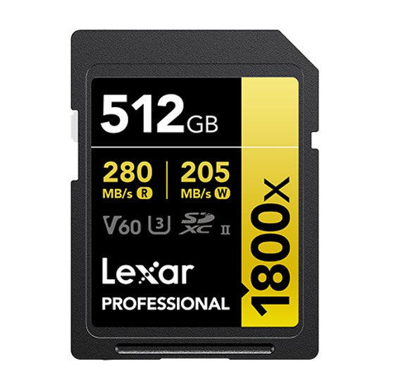 Lexar Professional 1800x 512G SDXC™ UHS-II Card GOLD Series 512GB—C10,  UHS-II(U3), V60, 1800x, up to 280MB/s read, 205MB/s write