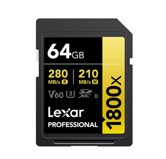 Lexar Professional 1800x 64G SDXC™ UHS-II Card GOLD Series  speeds up to 280MB/s read1 quickly capture and transfer high-quality photos and stunning F