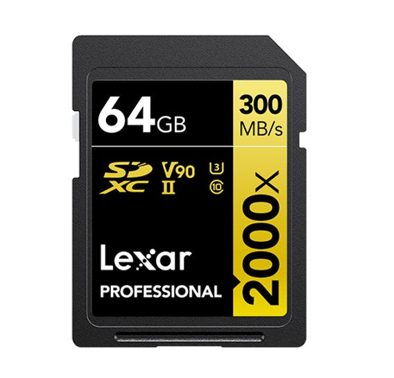 Lexar Professional 2000x 64GB SDHC™/SDXC™ UHS-II Card GOLD Series 64GB – C10, UHS-II (U3), V90, up to 300MB/s read, 260MB/s write