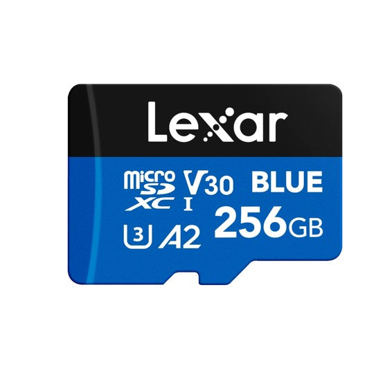 Lexar BLUE microSDXC™ UHS-I Card  256GB - C10,  A2, UHS-I(U3), V30, up to 160MB/s read Vibration-proof: 10-2000Hz. Magnetic-proof: 15000 Gauss