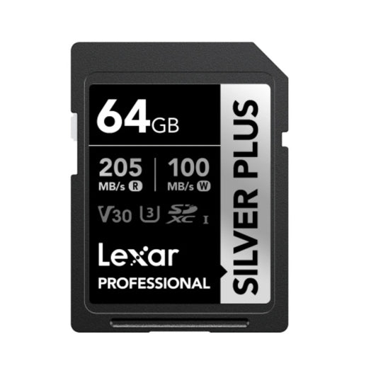 Lexar Professional SILVER PLUS 64GB SDXC™ UHS-I Card 64GB- C10, UHS-I (V30), U3, up to 205MB/s read, 100MB/s write shot and smoothly shoots up to 4K