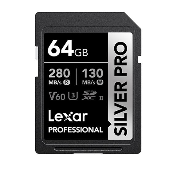 Lexar Professional SILVER PRO 64GB SDXC™ UHS-II Card 64GB—C10, UHS-II(U3), V60, Silver Pro, up to 280MB/s read, 130MB/s write