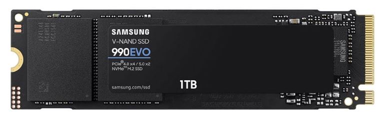 Samsung 990 EVO 1TB PCIe Gen4/5 NVMe SSD 5000MB/s 4200MB/s R/W 680K/800K IOPS 600TBW 1.5M hrs V-NAND TLC AES 256-bit Encryption 5yr wty