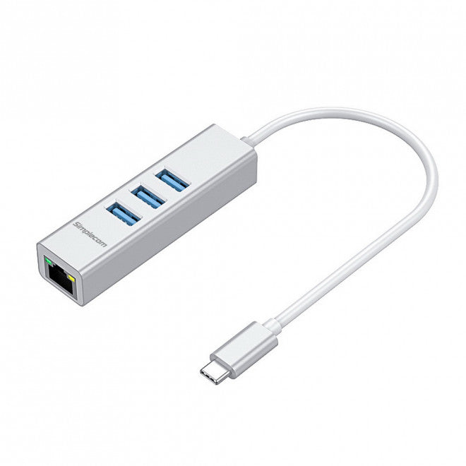 (LS) Simplecom CHN421 Silver Aluminium USB-C to 3 Port USB HUB with Gigabit Ethernet Adapter