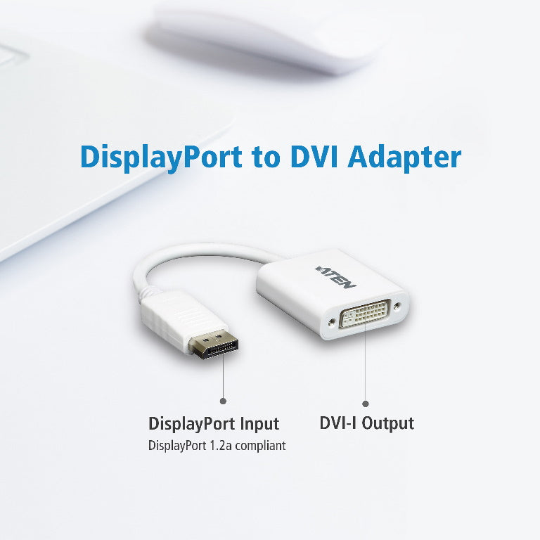 Aten DisplayPort to DVI Adapter, Converts DisplayPort signals to DVI output, DisplayPort 1.2 a compliant, Supports VGA, SVGA, XGA,