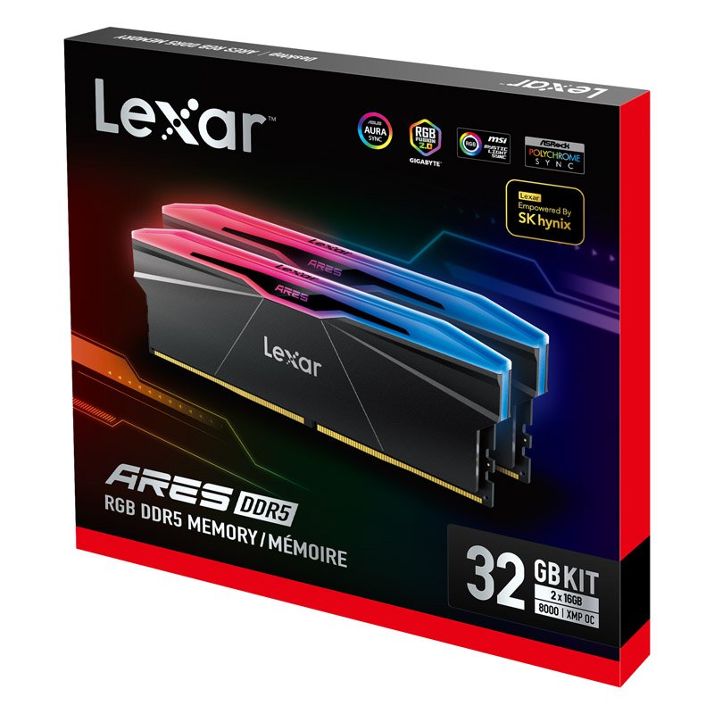 Lexar LD5U16G80C38BR-RGD ARES 2nd Gen U-DIMM DDR5 8000 32GB Kit (16GB*2),CL38,  RGB Black,  dual pack