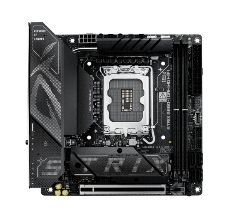 ASUS ROG STRIX B860-I GAMING WIFI LGA1851 Mini-ITX Motherboard 128GB, 2x DDR5, 1 x PCIe 5.0,  2 x M.2 slots,  4 x SATA, WiFi 7, 1 x HDMI, 1 x DP