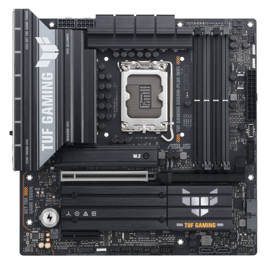 ASUS TUF GAMING B860M-PLUS WIFI LGA1851 mATX Motherboard 256GB, 4x DDR5, 1 x PCIe 5.0,  3 x M.2 slots,  4 x SATA, WiFi 7, 1 x HDMI, 1 x DP