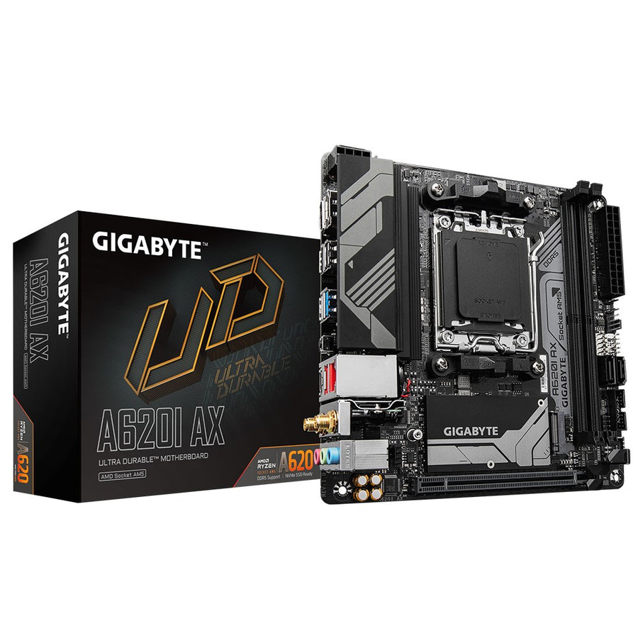 Gigabyte M/B A620I AX 1.0, AMD AM5, 2 x DDR5 up to 128 GB,  1 x HDMI, 1 x PCI Express x16, 1 x M.2, 2 x SATA, 4x USB 3.2