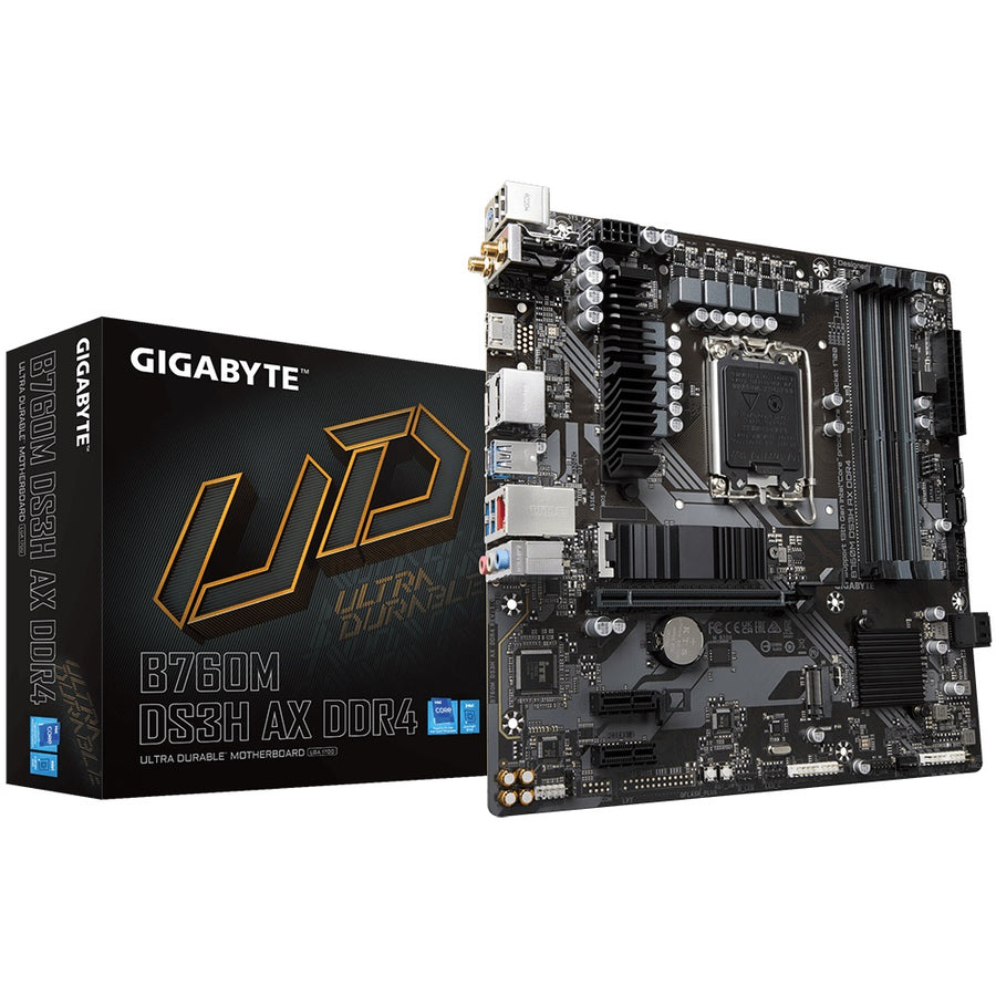 Gigabyte B760M DS3H AX DDR4 Intel LGA 1700 m-ATX Motherboard, 4x DDR4 ~128GB, 1x PCI-E x16, 1x PCI-E x1, 2x M.2, 4x SATA, 3x USB 3.2, 2x USB 2.0, 1x T