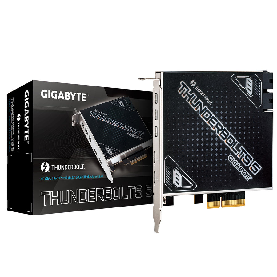 Gigabyte CARD THUNDERBOLTS 5 1.0 add-in card​, Intel® JHL9580 Thunderbolt™ 5 controller​, Dual Thunderbolt™ 5 Ports, up to 80 Gb/s bi-directional