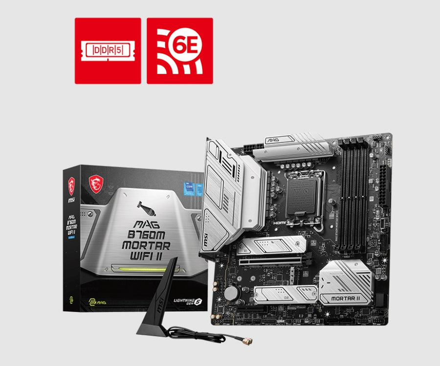 MSI PRO B760M MORTAR WIFI II mATX Motherboard, 4x DDR5~256GB, 1x PCI-E x 16, 1x PCI-E x 4, 3x M.2, 4x SATA, 8x USB 2.0, Wi-Fi 6E