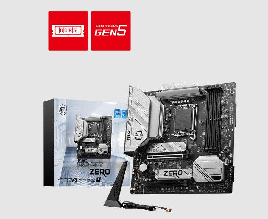 MSI B760M PROJECT ZERO  Motherboard, INTEL B760, 4x DDR5 256GB, 1x HDMI, 2x PCI-E x16 slot, 2x M.2, 8x USB 2.0, Wi-Fi 6E