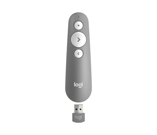 Logitech R500S Laser Presentation Remote with Dual Connectivity Bluetooth or USB 20m Range Red Laser Pointer for PowerPoint Keynote Mid Grey