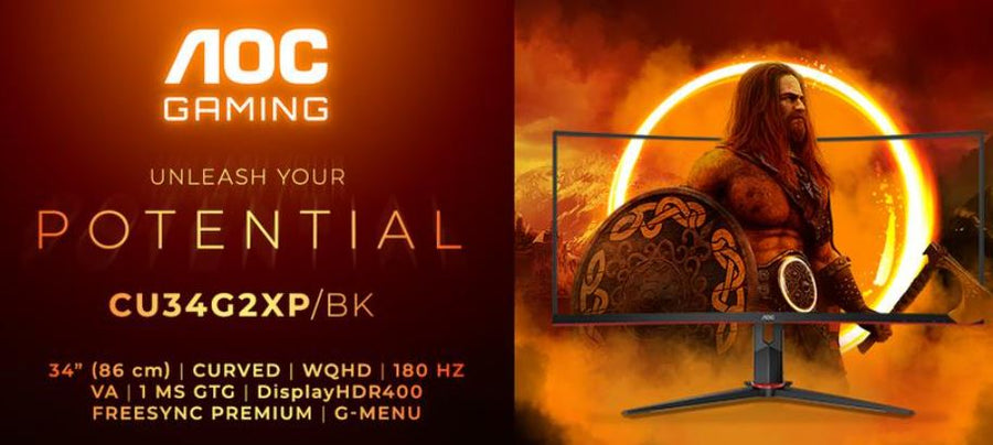 AOC 34' Curved 3440 x 1440 21:9, 1ms, 400cd/m2 HDR, Ultra Fast 180Hz Panel, Adaptive Sync, HDMI: 2.2, DisplayPort: 1.4 Gaming Monitor (LS)