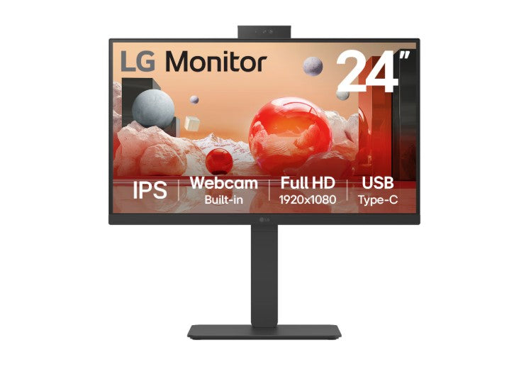 LG 24' IPS FHD Webcam, USB-C 65W PD, RJ45 100Hz 5ms 1920 x 1080, FreeSync 16:9 Tilt/Height/Swivel/Pivot (Bi-direction) adjustable stand, 3yrs Monitor