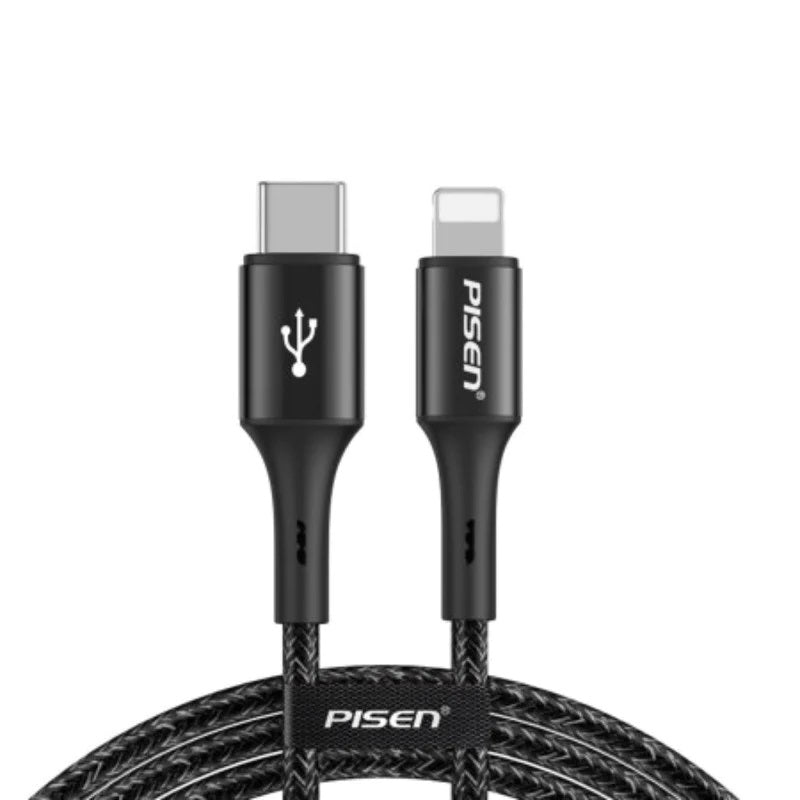 Pisen Braided Lightning to USB-C PD Fast Charge Cable (1.2M) Black-Supports 2.4A,Reinforced Wire Treatment,Extended Soft SR, Apple iPhone/iPad/MacBook