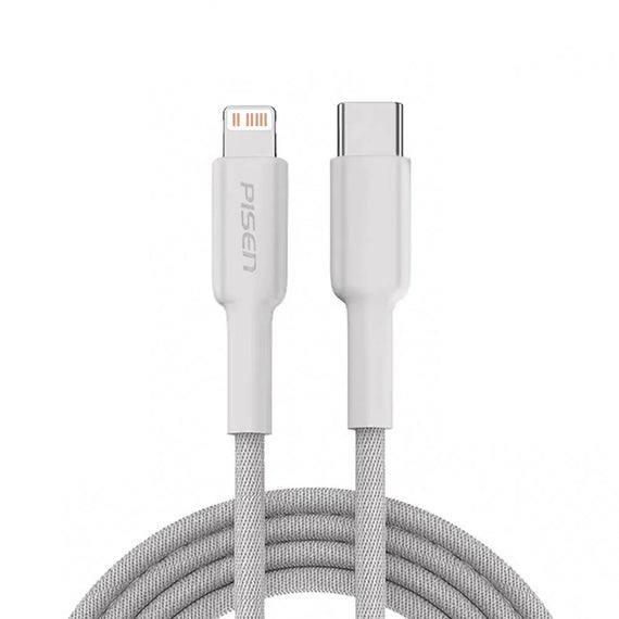 Pisen Braided Lightning to USB-C 20W PD Fast Charge Cable (1M) White - long-lasting performance, hassle-free, Apple iPhone, iPad, MacBook