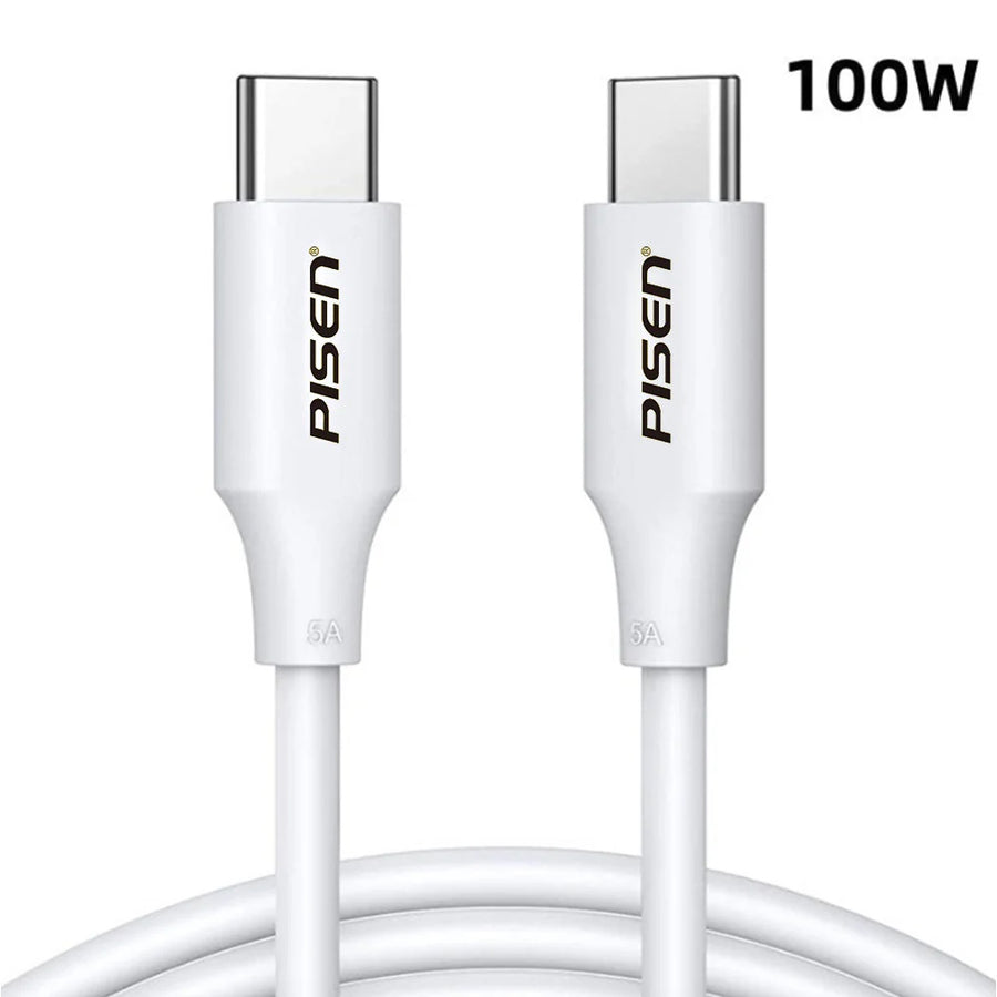 Pisen USB-C to USB-C 100W PD Cable (1M) White - Premium Quality, Fast Charge, 480Mbps, Durable,Samsung Galaxy,Apple iPhone,iPad,MacBook,Google,OPPO