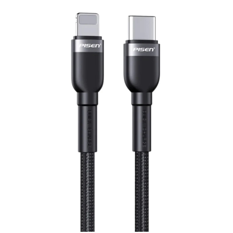 Pisen Braided Lightning to USB-C PD Fast Charge Cable (2M) Black-Supports 3A,Reinforced Wire Treatment for Damage Resistance,Apple iPhone/iPad