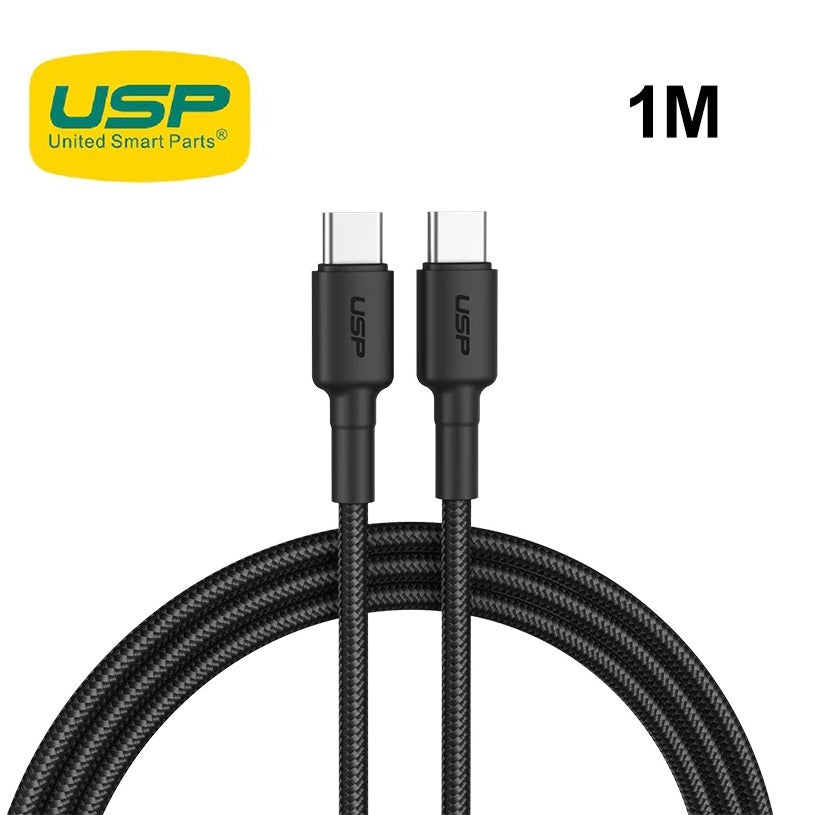 USP BoostUp Braided USB-C to USB-C Cable (1M) Black -3A Fast & Safe Charge,Strong & Durable,Samsung Galaxy,Apple iPhone,iPad,MacBook,Google,OPPO,Nokia