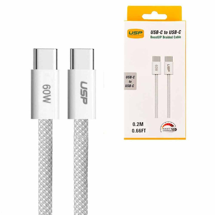 USP Braided USB-C to USB-C PD 60W High Density Fast Charge Cable (20cm) White - 3A Fast & Safe Charge,Strong & Durable,Samsung Galaxy,Apple iPhone