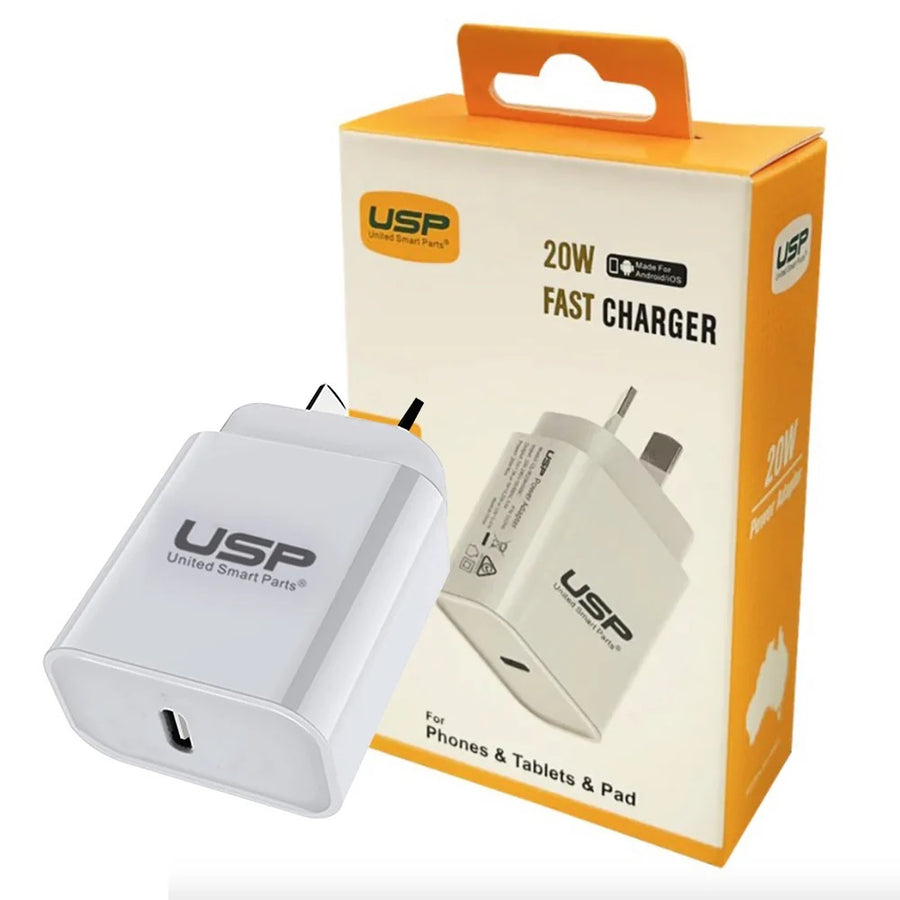 USP 20W USB-C PD Fast Wall Charger White -  fast charging, safety certified, universally compatible, and travel-friendly for all your devices