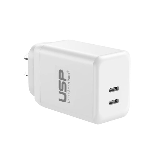 USP 45W Dual Ports USB-C PD GaN Wall Charger White - Charge Two Device Simultaneously, Smart & Reliable, Compact Design