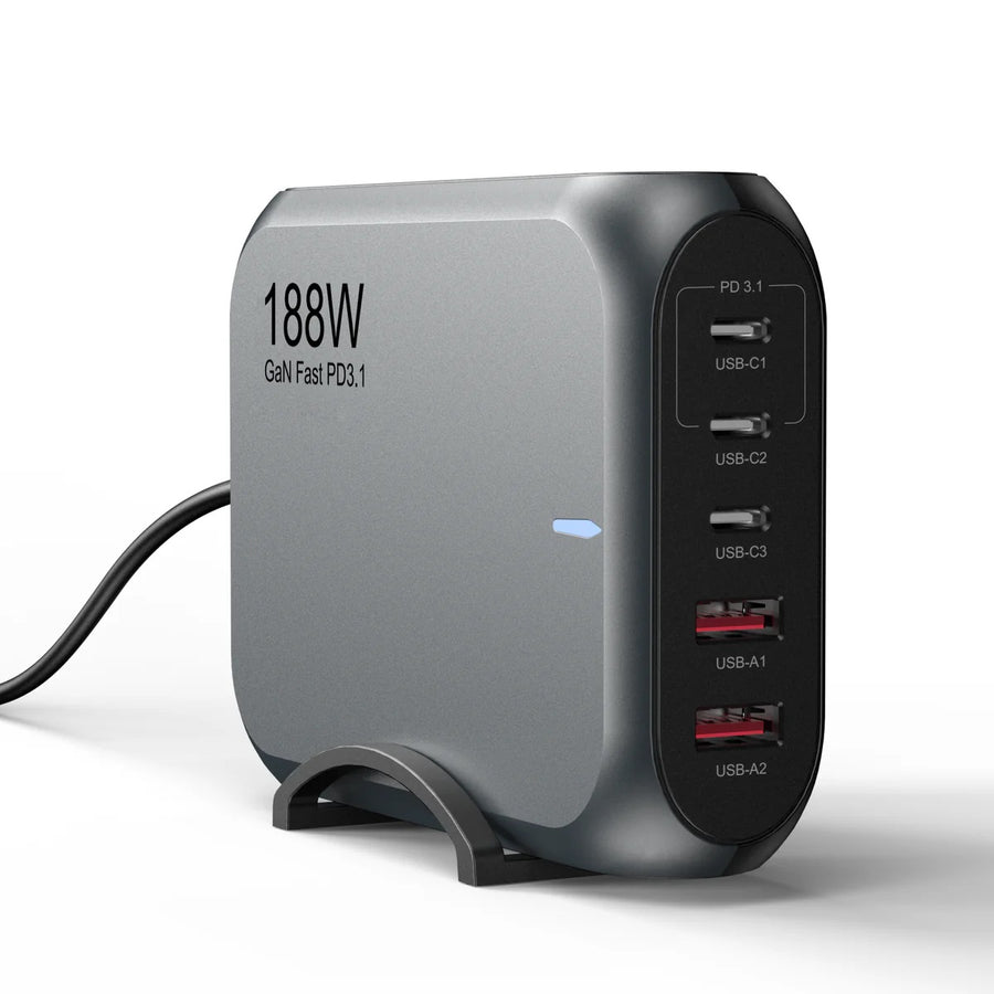 USP 188W Five Ports USB-C PD GaN Wall Charger Black - 3x USB-C, 2x USB-A, Efficient, High Quality, Tablet, Laptop,Watch, iPhone, Samsung Galaxy