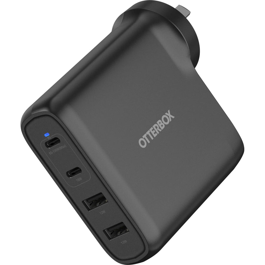 OtterBox 100W Four Port USB-C (Type I) PD Fast GaN Wall Charger - Black (78-81355), Dual USB-C (100W+18W), Dual USB-A (12W), 2 Years Warranty