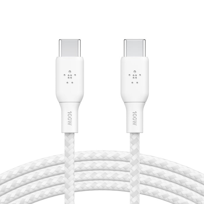 Belkin BoostCharge Braided USB-C to USB-C Cable 2M - White (CAB014bt2MWH), 100W, 480Mbps, 30K+, Samsung Galaxy, Google, 2 Years Warranty