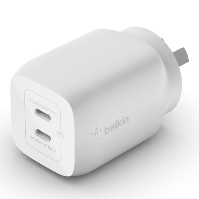 Belkin BoostCharge Pro Dual USB-C GaN Wall/Laptop Charger with PPS 65W - White(WCH013auWH),1*USB-C(45-65W),1*USB-C (20-65W), Compact, 2 Years Warranty