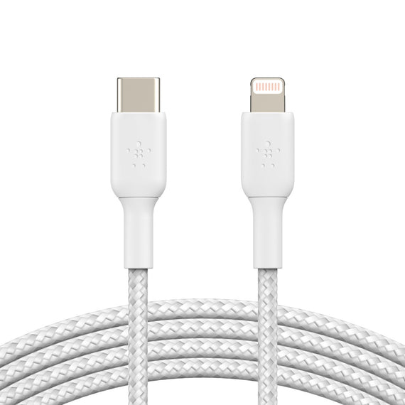 Belkin BoostCharge Braided Lightning to USB-C Cable (1m/3.3ft) - White (CAA004bt1MWH), 480Mbps, 10K+ bend, Apple iPhone/iPad/Macbook, 2 Years Warranty