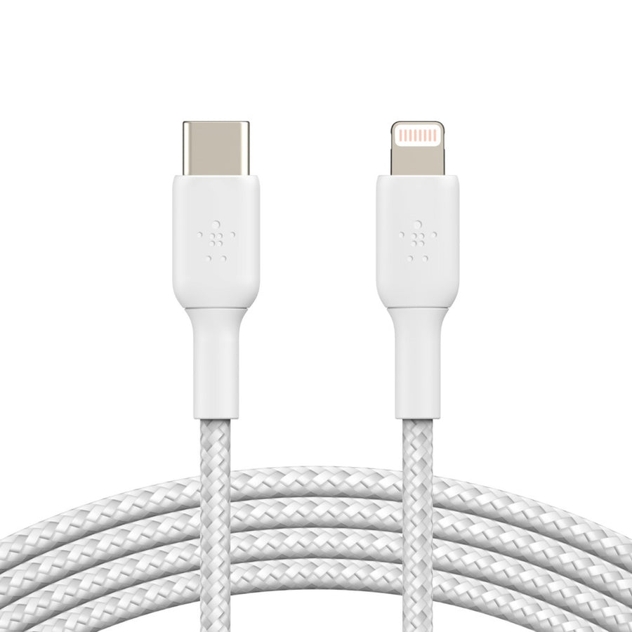 Belkin BoostCharge Braided Lightning to USB-C Cable (2m/6.6ft) - White (CAA004bt2MWH), 30W, 480Mbps, Apple iPhone / iPad / Macbook, 2 Years Warranty